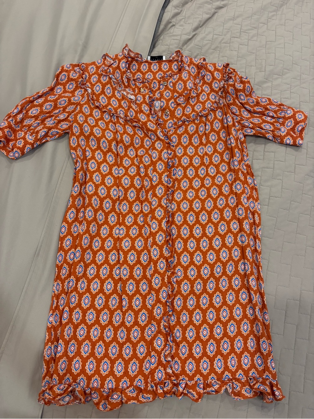 Sandro Orange Geometric Ruffle-Trim Dress